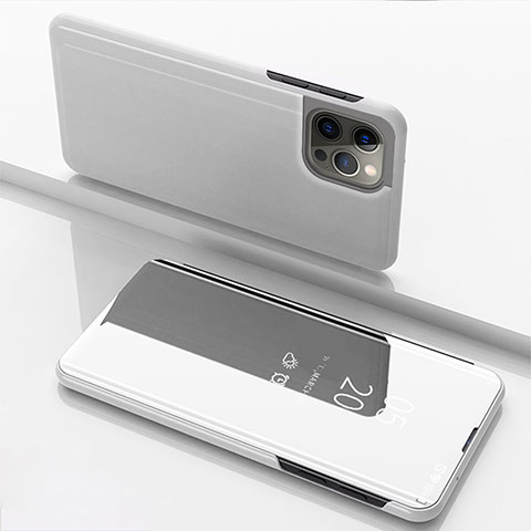 Funda de Cuero Cartera con Soporte Espejo Carcasa para Apple iPhone 14 Pro Max Plata