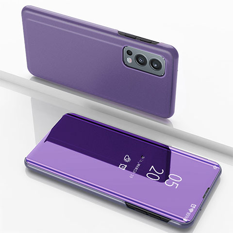 Funda de Cuero Cartera con Soporte Espejo Carcasa para OnePlus Nord 2 5G Purpura Claro