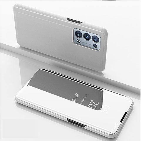 Funda de Cuero Cartera con Soporte Espejo Carcasa para Oppo Reno6 Pro 5G Plata