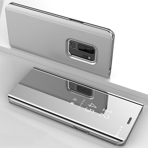 Funda de Cuero Cartera con Soporte Espejo Carcasa para Samsung Galaxy S9 Plus Plata