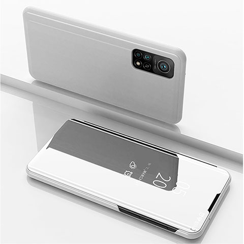 Funda de Cuero Cartera con Soporte Espejo Carcasa para Xiaomi Mi 10T 5G Plata