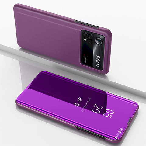 Funda de Cuero Cartera con Soporte Espejo Carcasa para Xiaomi Poco M4 Pro 4G Morado