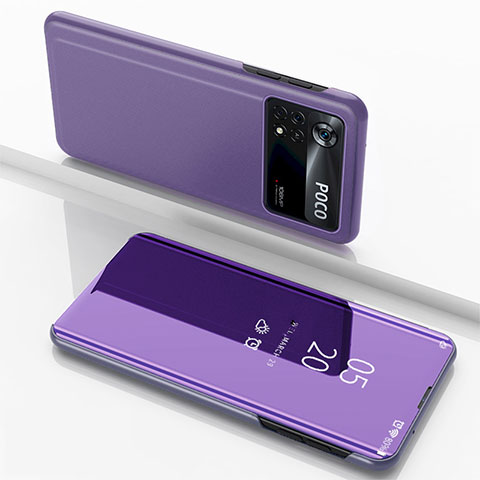 Funda de Cuero Cartera con Soporte Espejo Carcasa para Xiaomi Poco M4 Pro 4G Purpura Claro