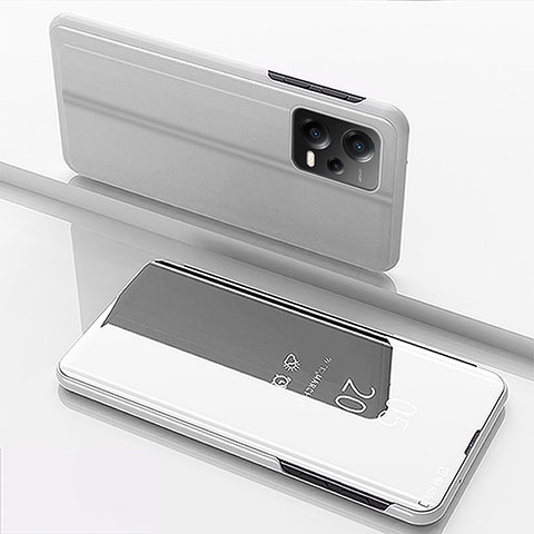 Funda de Cuero Cartera con Soporte Espejo Carcasa para Xiaomi Redmi Note 12 5G Plata