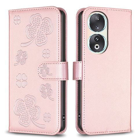 Funda de Cuero Cartera con Soporte Flores Carcasa BF1 para Huawei Honor 90 5G Oro Rosa