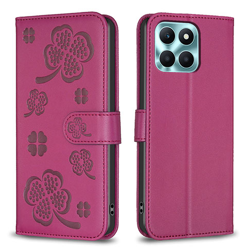 Funda de Cuero Cartera con Soporte Flores Carcasa BF1 para Huawei Honor X6a Rosa Roja