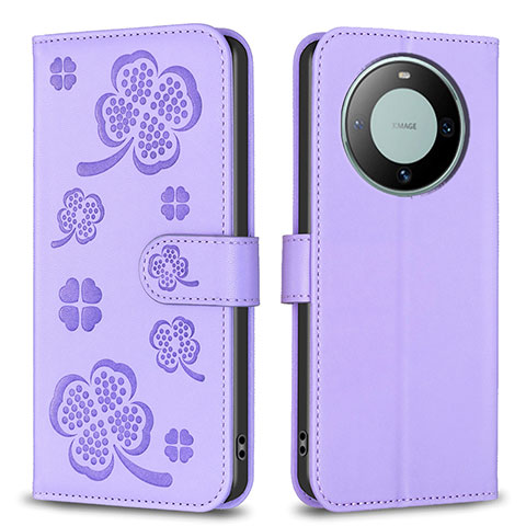 Funda de Cuero Cartera con Soporte Flores Carcasa BF1 para Huawei Mate 60 Pro Morado