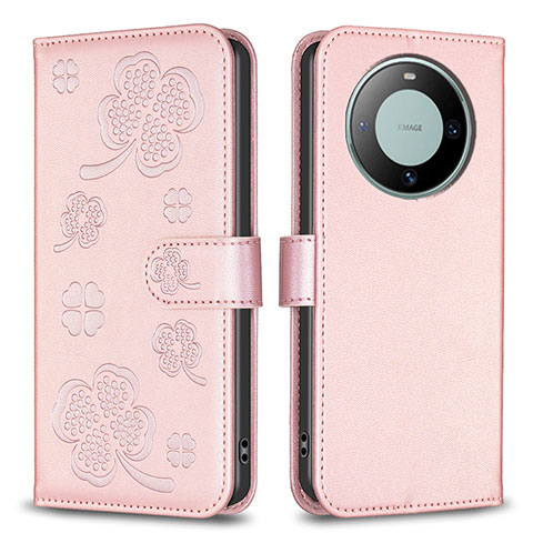 Funda de Cuero Cartera con Soporte Flores Carcasa BF1 para Huawei Mate 60 Pro Oro Rosa