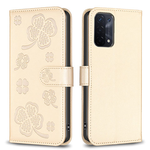 Funda de Cuero Cartera con Soporte Flores Carcasa BF1 para Oppo A54 5G Oro