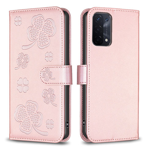 Funda de Cuero Cartera con Soporte Flores Carcasa BF1 para Oppo A54 5G Oro Rosa