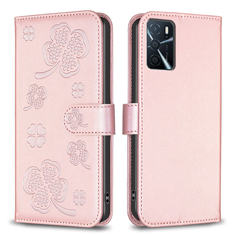 Funda de Cuero Cartera con Soporte Flores Carcasa BF1 para Oppo A54s Oro Rosa