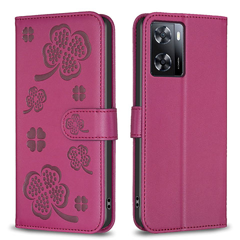 Funda de Cuero Cartera con Soporte Flores Carcasa BF1 para Oppo A57 4G Rosa Roja