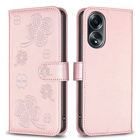 Funda de Cuero Cartera con Soporte Flores Carcasa BF1 para Oppo A58 4G Oro Rosa