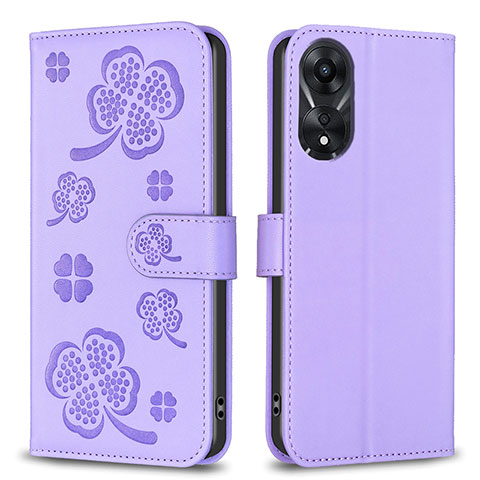 Funda de Cuero Cartera con Soporte Flores Carcasa BF1 para Oppo A58 5G Morado