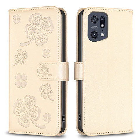 Funda de Cuero Cartera con Soporte Flores Carcasa BF1 para Oppo Find X5 Pro 5G Oro