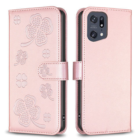 Funda de Cuero Cartera con Soporte Flores Carcasa BF1 para Oppo Find X5 Pro 5G Oro Rosa