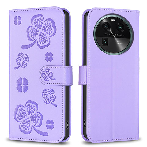 Funda de Cuero Cartera con Soporte Flores Carcasa BF1 para Oppo Find X6 Pro 5G Morado