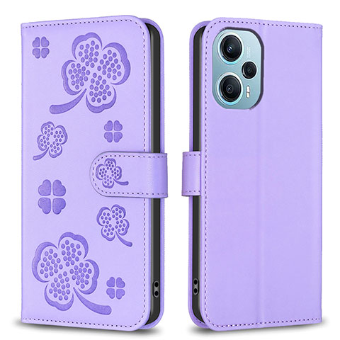 Funda de Cuero Cartera con Soporte Flores Carcasa BF1 para Xiaomi Poco F5 5G Morado