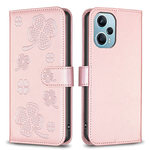 Funda de Cuero Cartera con Soporte Flores Carcasa BF1 para Xiaomi Redmi Note 12 Turbo 5G Oro Rosa