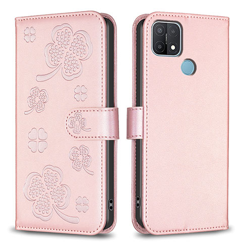 Funda de Cuero Cartera con Soporte Flores Carcasa BF2 para Oppo A15 Oro Rosa