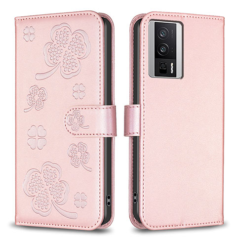 Funda de Cuero Cartera con Soporte Flores Carcasa BF2 para Xiaomi Redmi K60 5G Oro Rosa