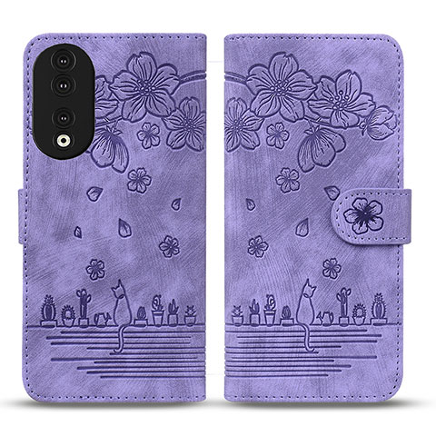 Funda de Cuero Cartera con Soporte Flores Carcasa HF1 para Huawei Honor 90 5G Morado