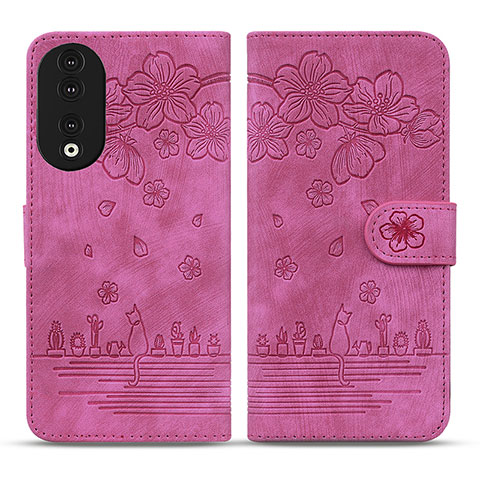 Funda de Cuero Cartera con Soporte Flores Carcasa HF1 para Huawei Honor 90 5G Rosa Roja