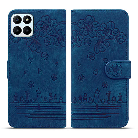 Funda de Cuero Cartera con Soporte Flores Carcasa HF1 para Huawei Honor X6a Azul