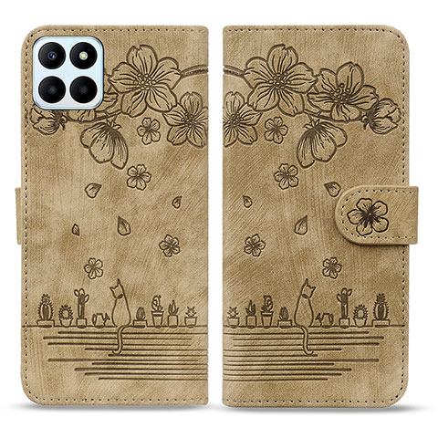 Funda de Cuero Cartera con Soporte Flores Carcasa HF1 para Huawei Honor X6a Marron