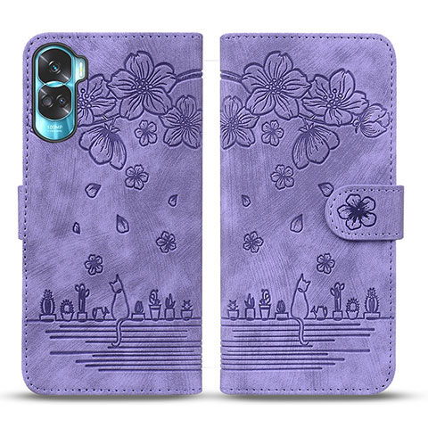 Funda de Cuero Cartera con Soporte Flores Carcasa HF2 para Huawei Honor 90 Lite 5G Morado