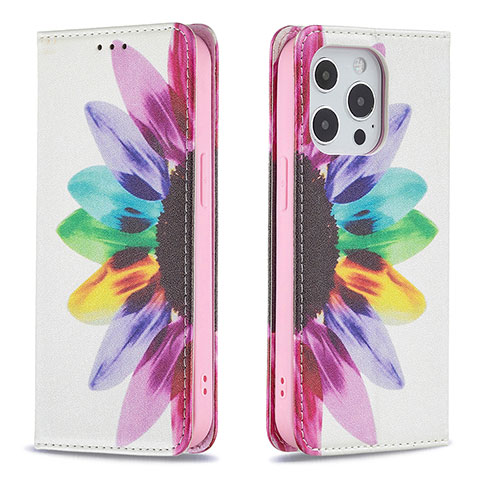 Funda de Cuero Cartera con Soporte Flores Carcasa L01 para Apple iPhone 13 Pro Max Rosa