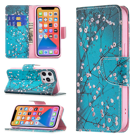 Funda de Cuero Cartera con Soporte Flores Carcasa L02 para Apple iPhone 13 Pro Max Cian