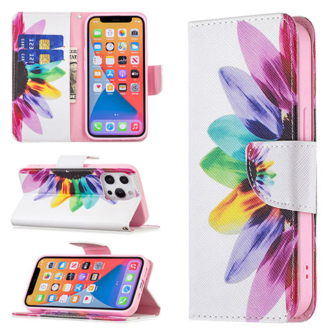 Funda de Cuero Cartera con Soporte Flores Carcasa L03 para Apple iPhone 13 Pro Rosa