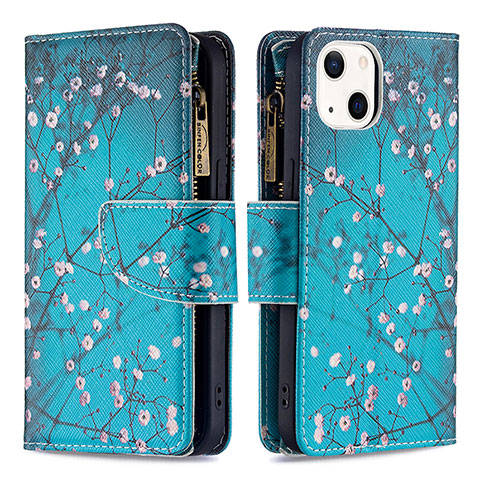 Funda de Cuero Cartera con Soporte Flores Carcasa L03 para Apple iPhone 15 Cian