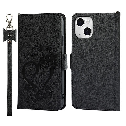 Funda de Cuero Cartera con Soporte Flores Carcasa L16 para Apple iPhone 13 Mini Negro