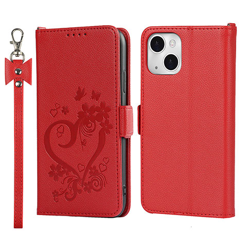 Funda de Cuero Cartera con Soporte Flores Carcasa L16 para Apple iPhone 13 Mini Rojo