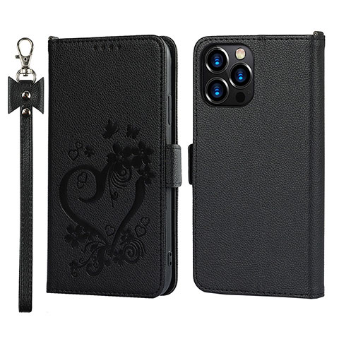 Funda de Cuero Cartera con Soporte Flores Carcasa L16 para Apple iPhone 13 Pro Max Negro