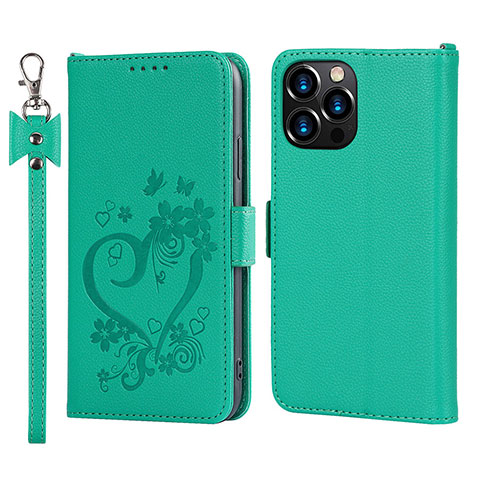 Funda de Cuero Cartera con Soporte Flores Carcasa L16 para Apple iPhone 13 Pro Max Verde