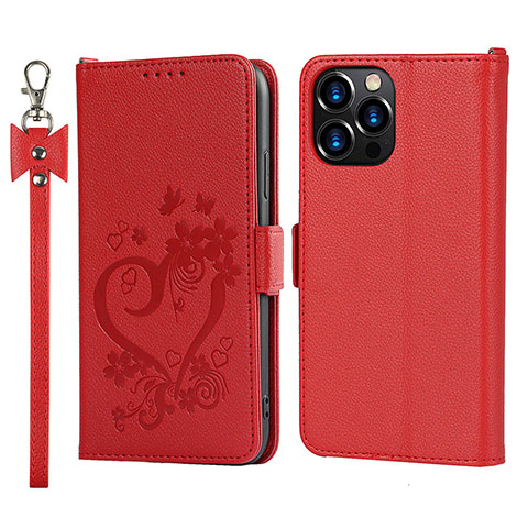 Funda de Cuero Cartera con Soporte Flores Carcasa L16 para Apple iPhone 13 Pro Rojo