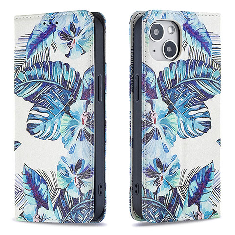 Funda de Cuero Cartera con Soporte Flores Carcasa para Apple iPhone 13 Azul