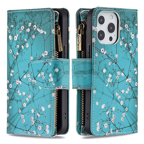 Funda de Cuero Cartera con Soporte Flores Carcasa para Apple iPhone 13 Pro Max Cian