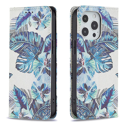 Funda de Cuero Cartera con Soporte Flores Carcasa para Apple iPhone 14 Pro Azul