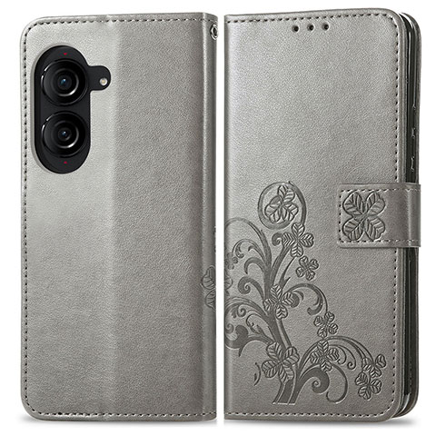 Funda de Cuero Cartera con Soporte Flores Carcasa para Asus ZenFone 10 Gris