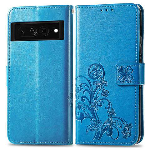 Funda de Cuero Cartera con Soporte Flores Carcasa para Google Pixel 7 Pro 5G Azul