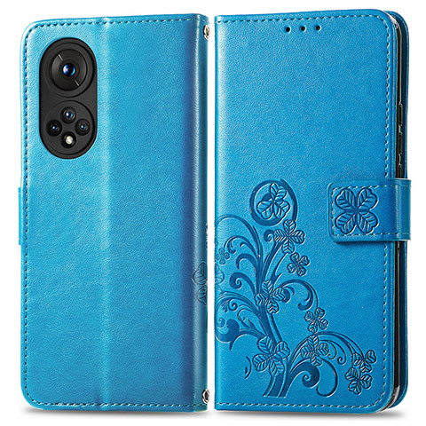 Funda de Cuero Cartera con Soporte Flores Carcasa para Huawei Honor 50 5G Azul