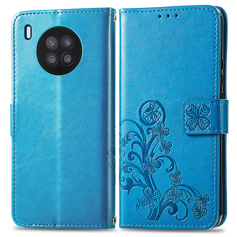 Funda de Cuero Cartera con Soporte Flores Carcasa para Huawei Honor 50 Lite Azul