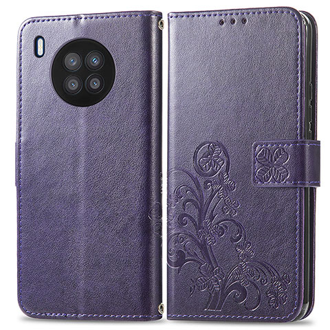 Funda de Cuero Cartera con Soporte Flores Carcasa para Huawei Honor 50 Lite Morado