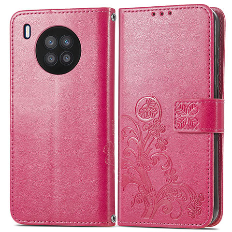 Funda de Cuero Cartera con Soporte Flores Carcasa para Huawei Honor 50 Lite Rosa Roja