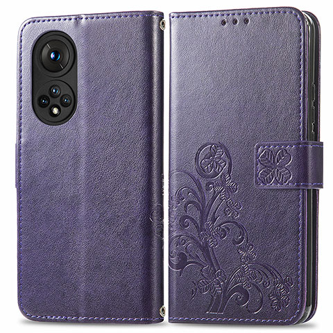 Funda de Cuero Cartera con Soporte Flores Carcasa para Huawei Honor 50 Pro 5G Morado