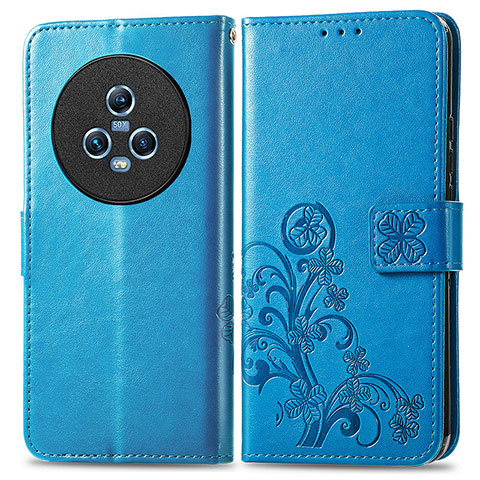 Funda de Cuero Cartera con Soporte Flores Carcasa para Huawei Honor Magic5 5G Azul